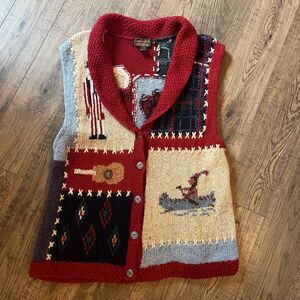 Vintage Eddie Bauer Women’s Sweater Vest Large 100% Wool Americana Patchwork Art